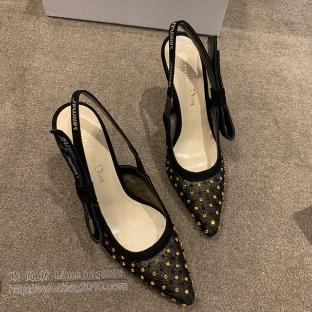 DIOR女鞋 迪奧2021專櫃新款J’ADIOR尖頭涼鞋 Dior網紗燙鑽路跟涼鞋  naq1525